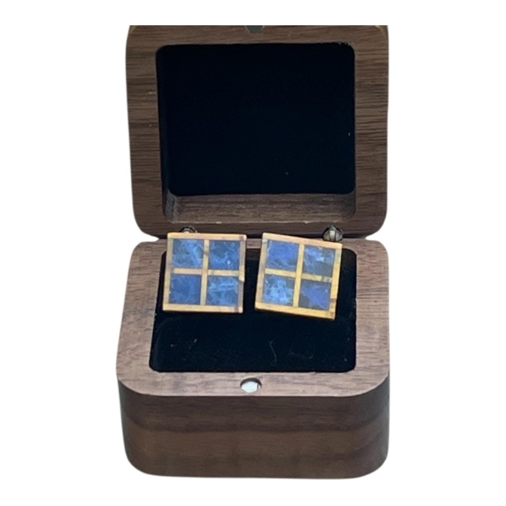 Vintage Hayward Square Face Cufflink 14k Gold Plated Tiger Eye/Lapis MCM .75”